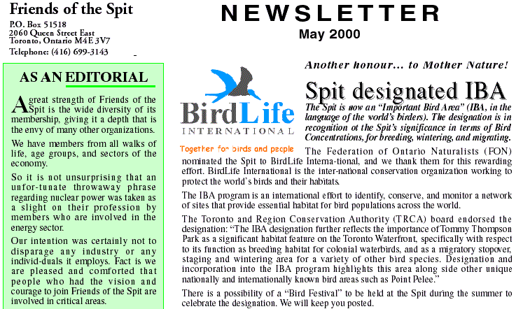 Friends of the Spit Newsletter, May 2000, page 1. This is an image, please click on the Images button in your browser